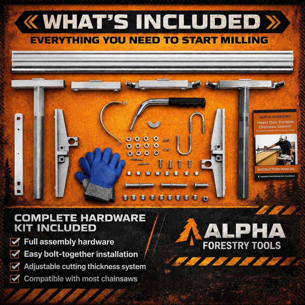 Alpha Forestry Tools 'What's Included' graphic showing a complete milling kit laid out on an orange textured background, including metal bars, mounting hardware, a blue work glove, and an instruction manual.