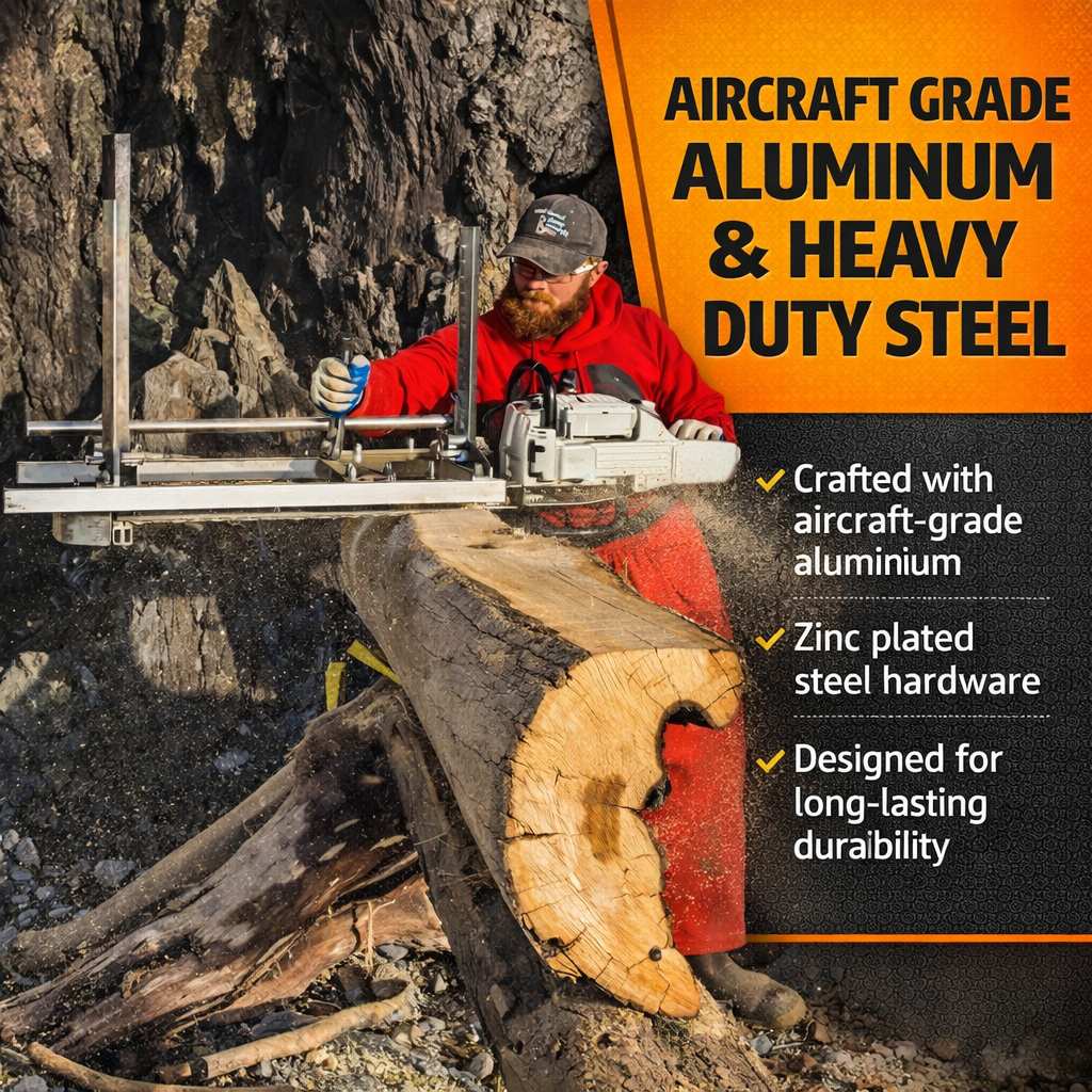 Person using a chainsaw on a log with promotional text about aircraft-grade aluminum and heavy-duty steel.