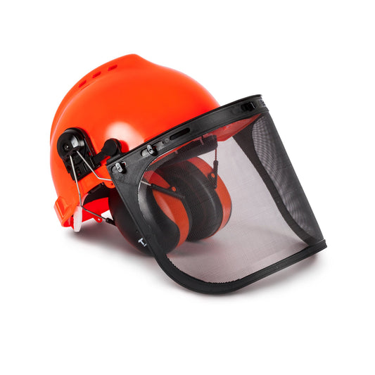 Forestry safety helmet with integrated hearing protection system from TheAlphaTrekking, designed for outdoor work safety.