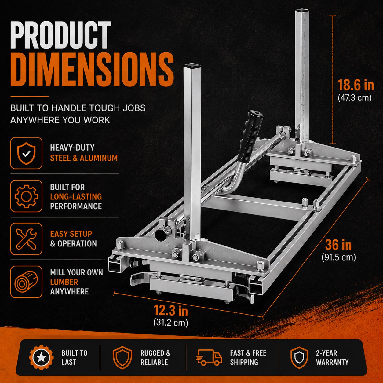Product dimensions diagram of a metal table saw base on a black background, showing measurements of 18.6 in, 36 in, and 12.