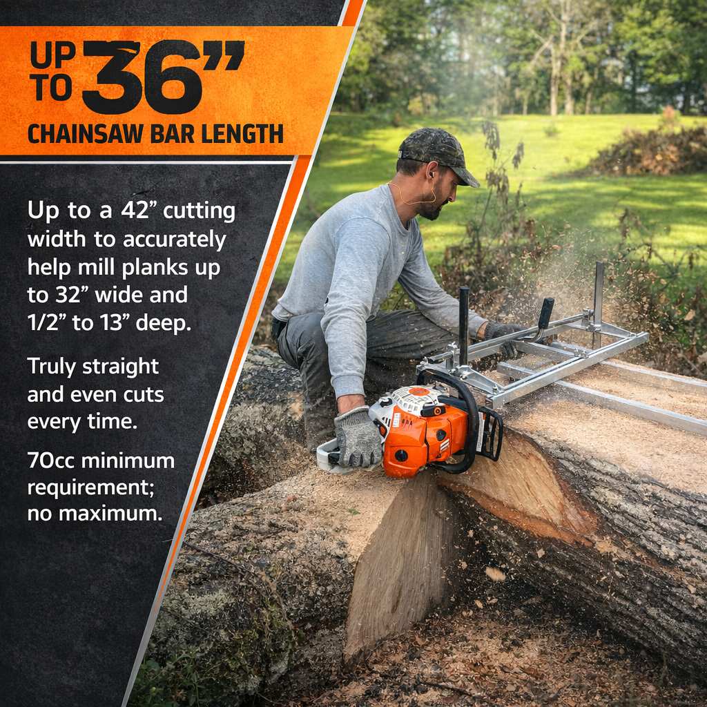 A man using an orange chainsaw with a guide bar to cut a large log outdoors. The left side has a large orange and black text panel describing the chainsaw bar length and cutting width capabilities.