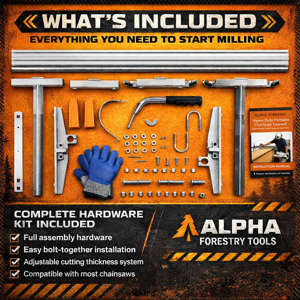 Alpha Forestry Tools complete hardware kit for starting to mill, featuring various metal milling components, blue work gloves, and an instruction manual on a textured orange and black background.