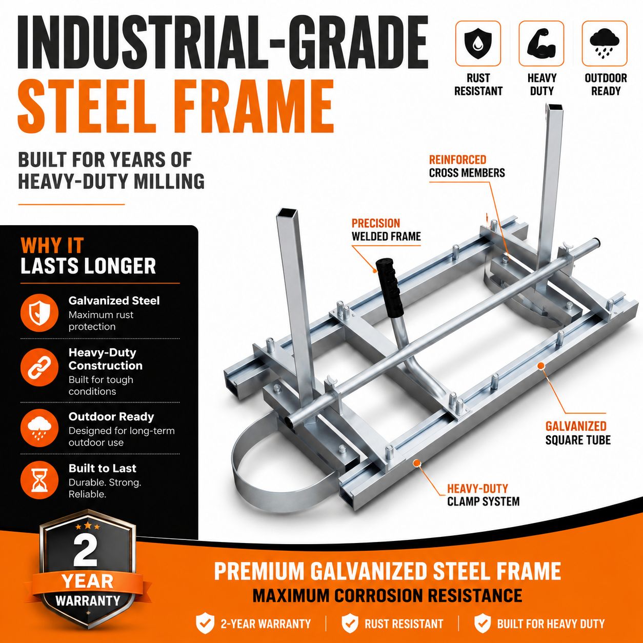 An industrial-grade steel frame product shown on a white and orange marketing infographic with callouts, feature icons, and a 2-year warranty badge.