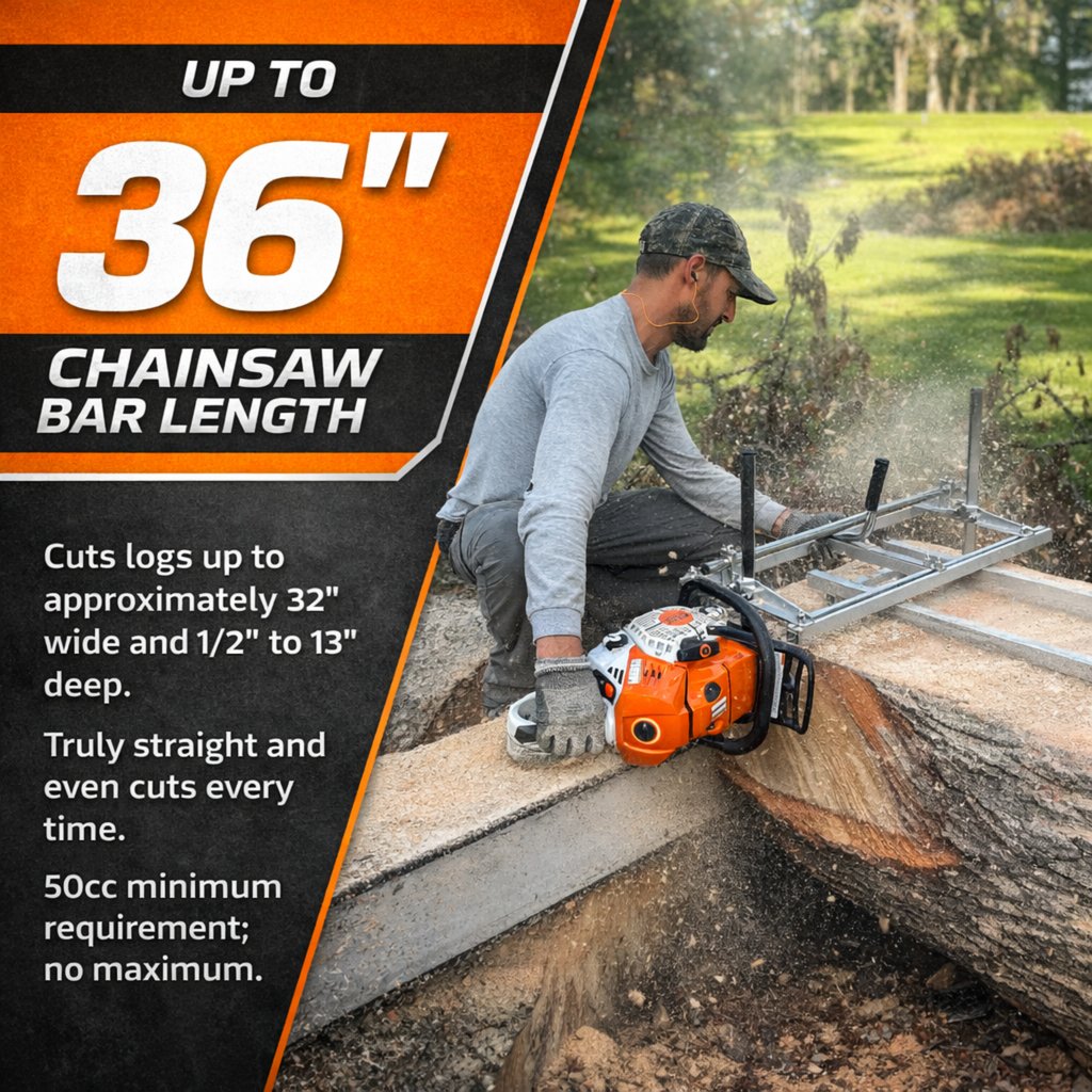 Heavy duty portable chainsaw sawmill with adjustable length from 14 to 36 inches, featuring two 5.5-inch tree falling wedges.
