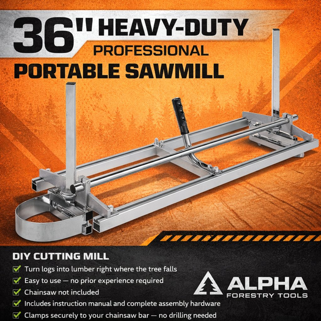 Heavy-duty 14-36 inch portable chainsaw sawmill with two 5.5-inch tree falling wedges, ideal for timber cutting and processing.