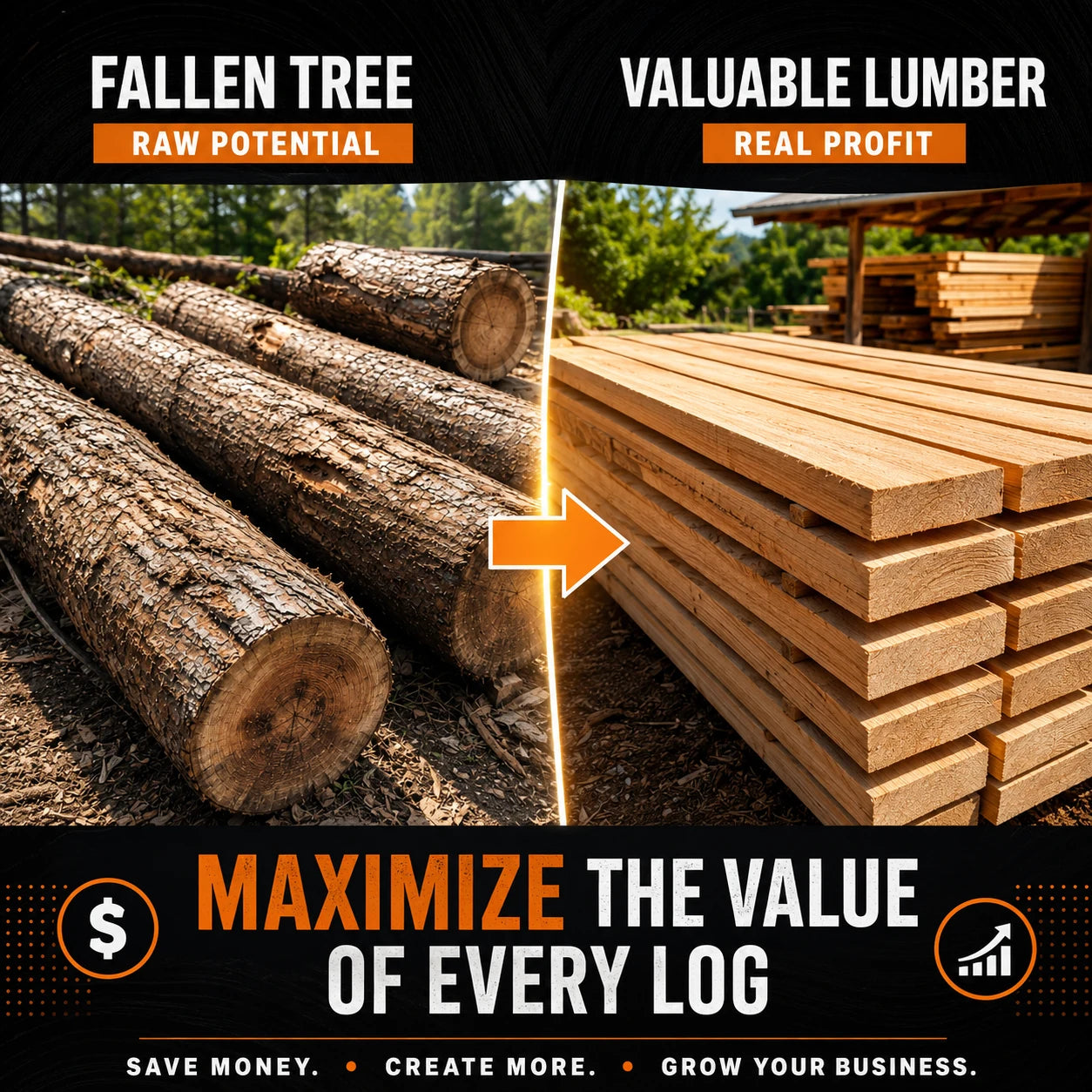Promotional graphic showing fallen tree logs on the left and stacked lumber boards on the right, with text reading 'FALLEN TREE RAW POTENTIAL' and 'VALUABLE LUMBER REAL PROFIT,' plus 'MAXIMIZE THE VALUE OF EVERY LOG' on a black banner.
