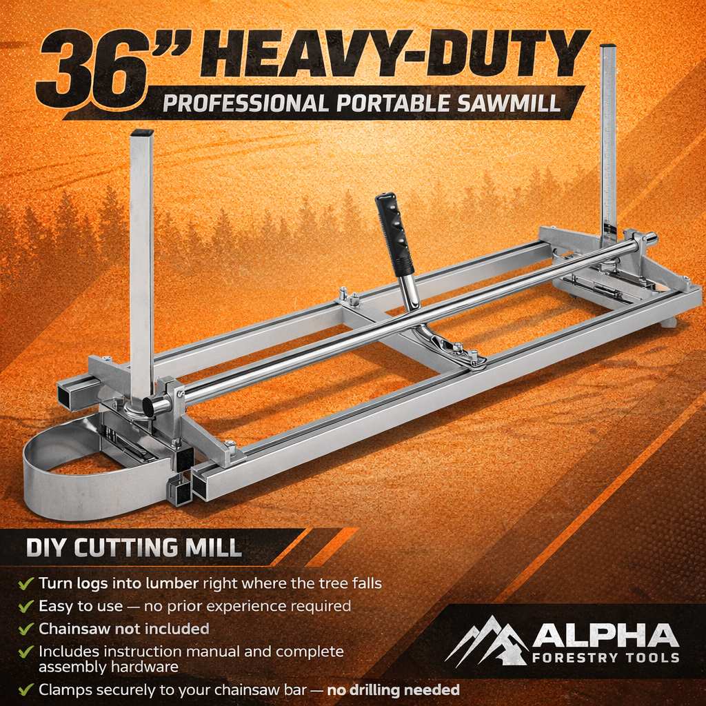 Alpha Forestry Tools 36-inch heavy-duty portable sawmill shown as a metal frame with guide rails and vertical support posts, set against an orange forest background with product text and feature callouts.