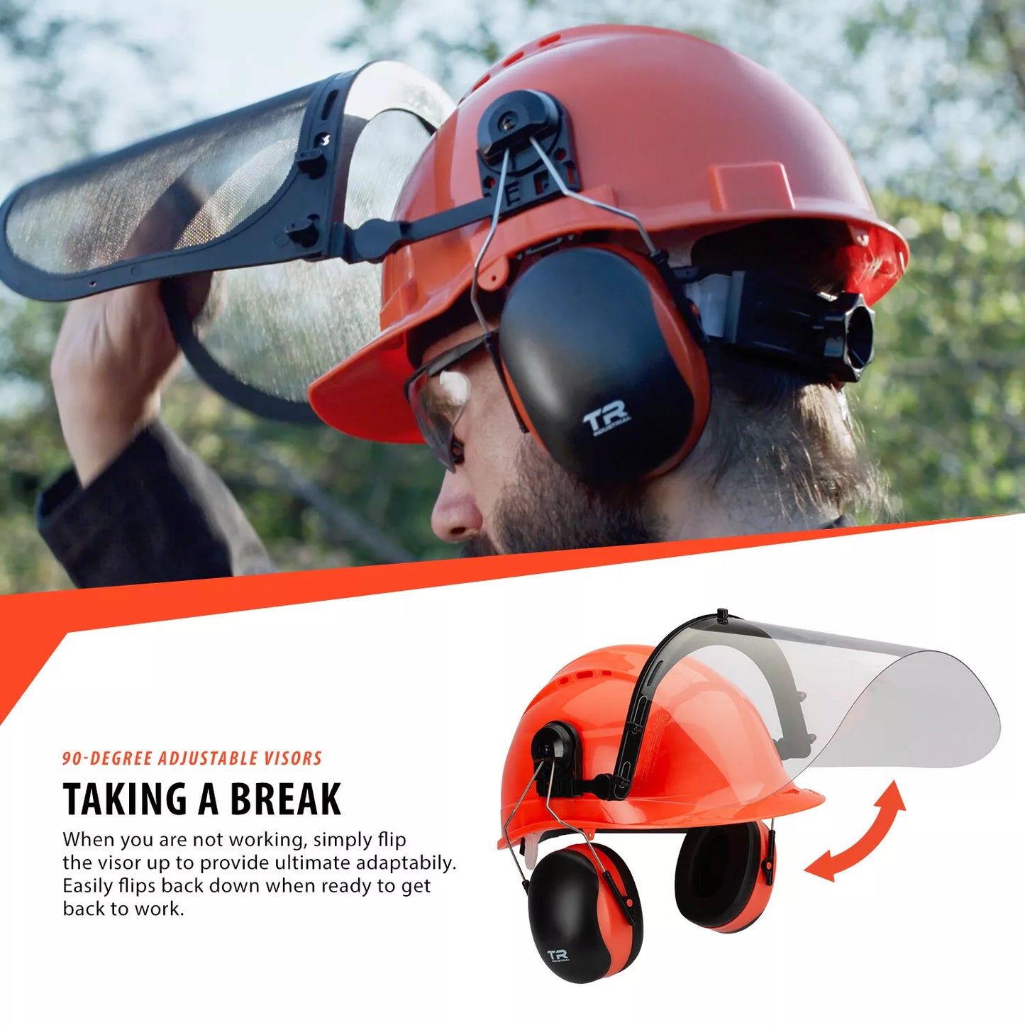 Forestry safety helmet with integrated hearing protection system by TheAlphaTrekking, featuring adjustable straps and durable construction.