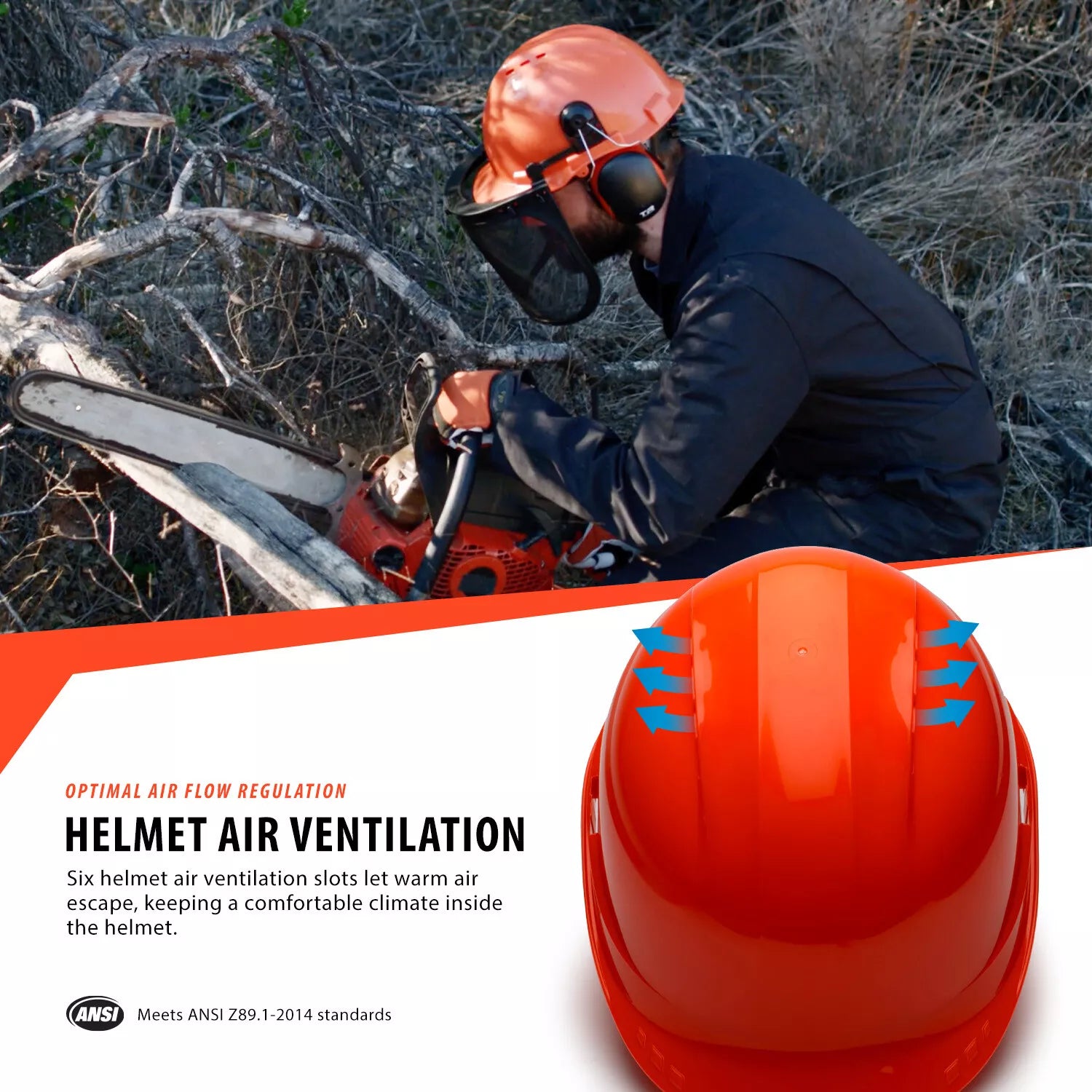 Forestry safety helmet with integrated hearing protection system, TheAlphaTrekking industrial safety gear for forestry workers.