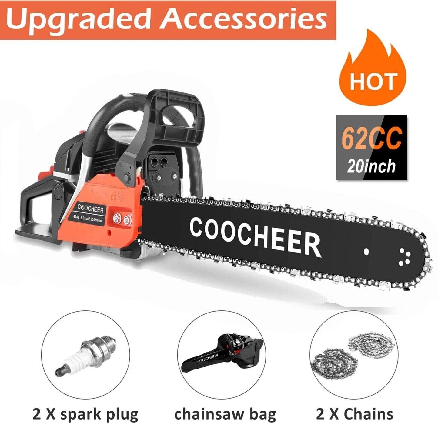 62cc 4.0HP Chainsaw 20" Bar Powered Engine 2 Cycle Gasoline Chain Saw