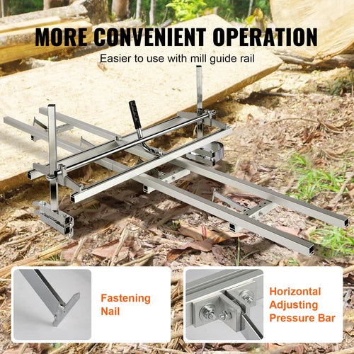 Heavy-duty Alaskan chainsaw mill with 15-foot milling rail system by TheAlphaTrekking, showing the portable sawmill and guide setup.