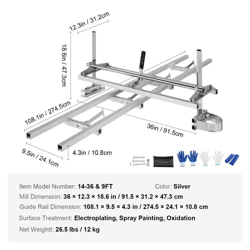 Alaskan-Style 14”–36” Heavy-Duty Portable Chainsaw Sawmill with 9/12/15-Foot Milling Rail System