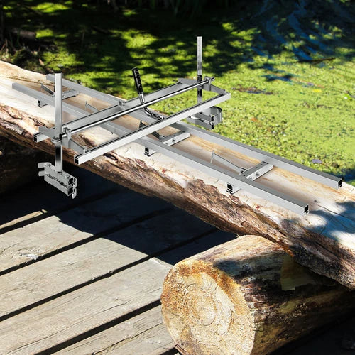 Alaskan-Style 14-inch to 48-inch heavy-duty portable chainsaw sawmill with 9, 12, and 15-foot milling rail system by TheAlphaTrekking.